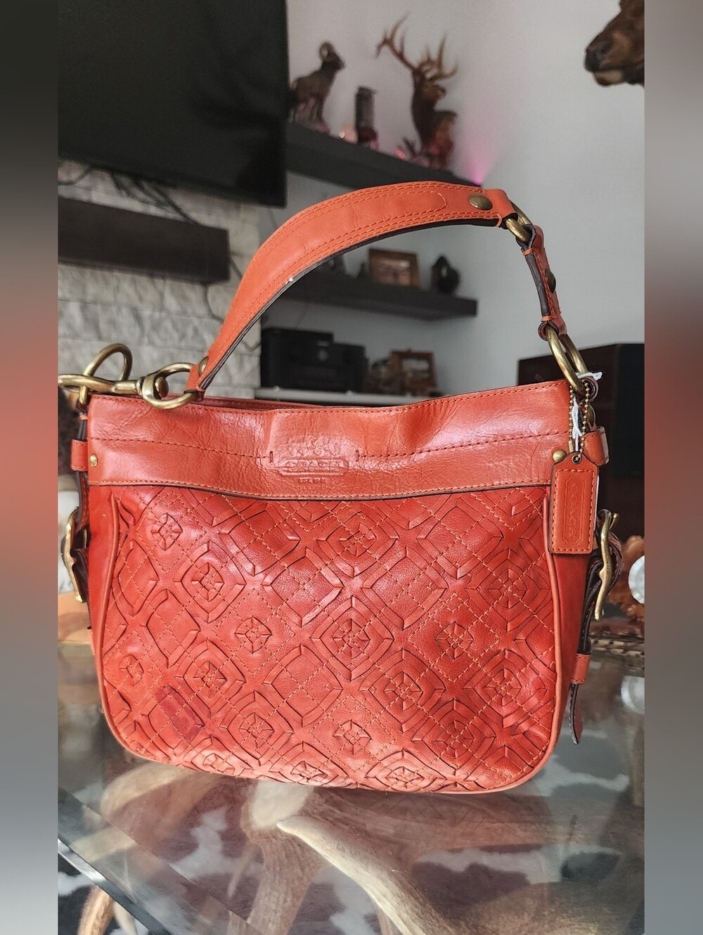 Coach Orange Embossed Leather Shoulder Bag
